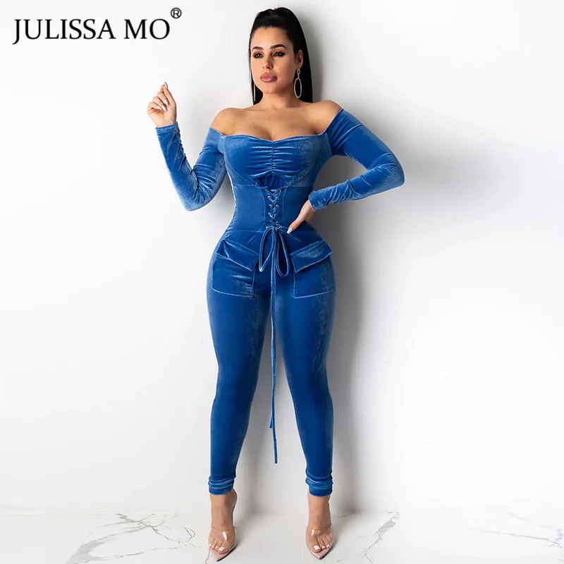Синий Julissa mo сексуальный Облегающий комбинезон с открытыми плечами женский фланелевый бандажный комбинезон с длинным рукавом Комбинезоны зимние элегантные на шнуровке комбинезон - Цвет: Синий