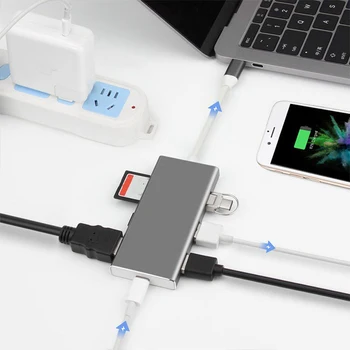 

7In1 Type-C Adapter Type C to Hdmi 4K Type-C Hub Adapter USB 3.0 3Ports for SD and TF Card Type-C Charger for Phone