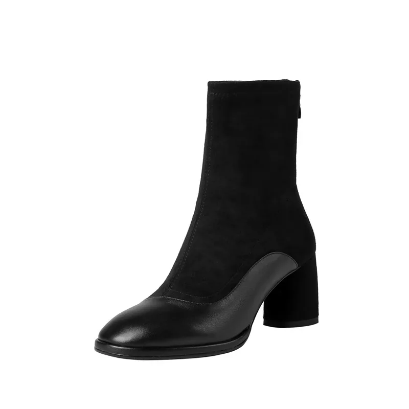 black not fur MoonMeek/ г. Новые ботильоны женские эластичные ботинки из натуральной кожи с квадратным носком обувь на толстом высоком каблуке женские ботинки Осень-зима - Цвет: black not fur