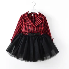 2-7Y модная одежда для маленьких девочек Хлопковое клетчатый плед с длинными рукавами в стиле пэчворк и кружевом праздничные платья принцессы из тюля