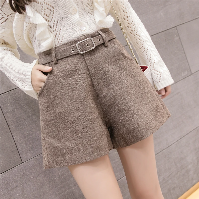 

Women Wool Shorts 2019 Autumn Winter New High Waist Wide Leg Shorts Female Casual Loose Woolen Boot Shorts With Belt