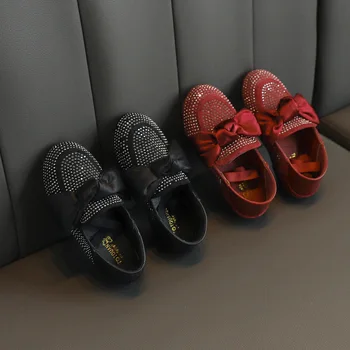 

Autumn New Girls Shoes Fashion Bowtie Rhinestone Flat Sneakers Sequins Children Princess Shoes Non-slip Loafers SZ249