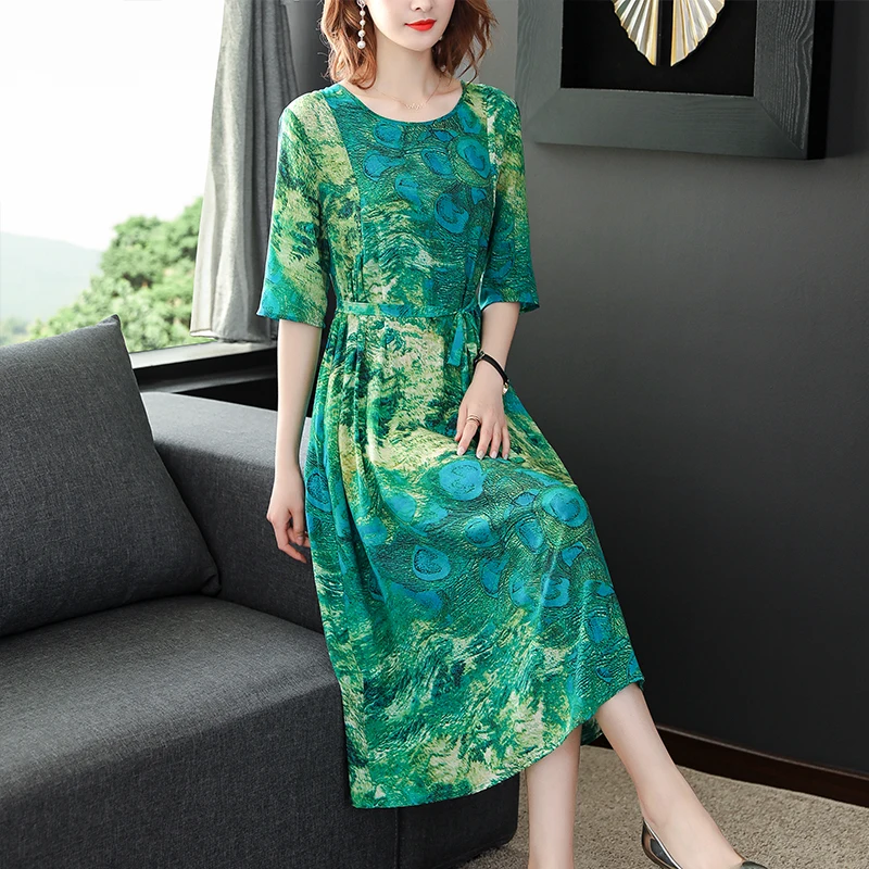 Женские платья в Европейском стиле, новая модная одежда, винтажное зеленое платье с коротким рукавом, большие размеры, Летнее шелковое платье, Брендовое, высокое качество