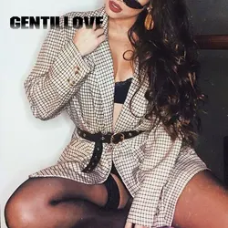 Mulheres do vintage treliça blazer manga longa turn down colarinho jaqueta casual solto primavera casaco senhora escritório streetwear y2k roupas