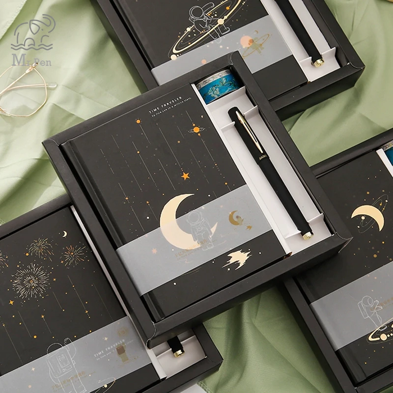 Portable Traveler Notebook Washi Tape Gel Pen Stationery Set Gifts Time Traveler Black Hardcover Notebook