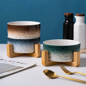 

Cats Food Bowl Feeding Pet Ceramic Feeding and Water Bowls with Bamboo Frame for Dogs Cats Pets Dish Wooden Table Pet Supplies