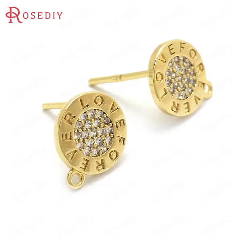 

(36994)4PCS 8MM 24K Gold Color Brass and Zircon with 925 Sterling Silver Pins LOVE FOREVER Stud Earrings Jewelry Making Supplies