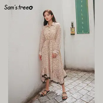

SAM'S TREE Apricot Floral Irregular Ruffles Casual Women Dresses 2020 Spring Vintage Contrast Lace Korean Girly Holiday Dress