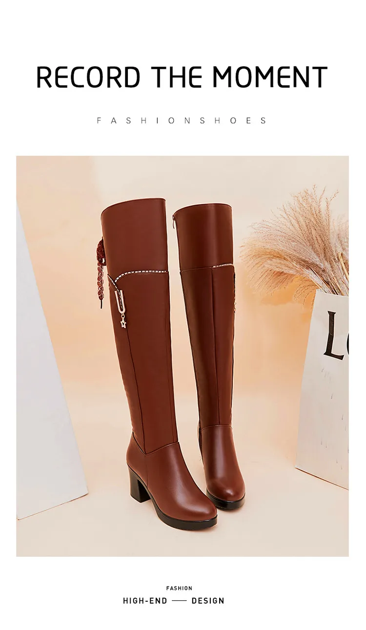 AIYUQI Womens Boots Thigh High Genuine Leather Rhinestone Platform High Heel Black Boots Women Winter Riding Boots