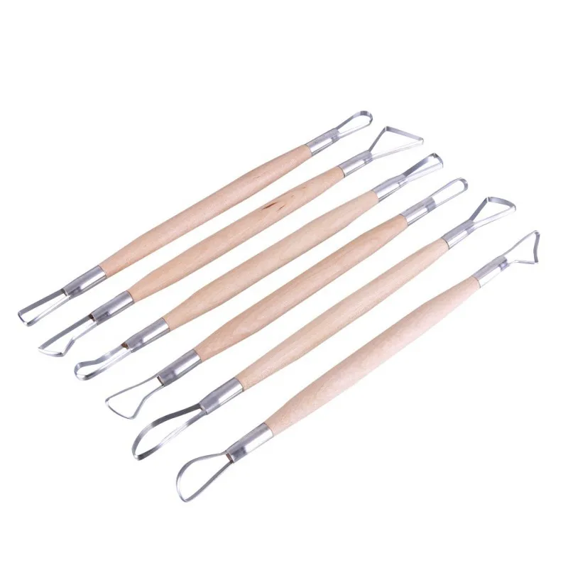 

6PCS/Set 8 inch Double End Conventional Ribbon Tool Wood Handle Wax Pottery Clay Sculpture Carving Tool DIY Craft Set