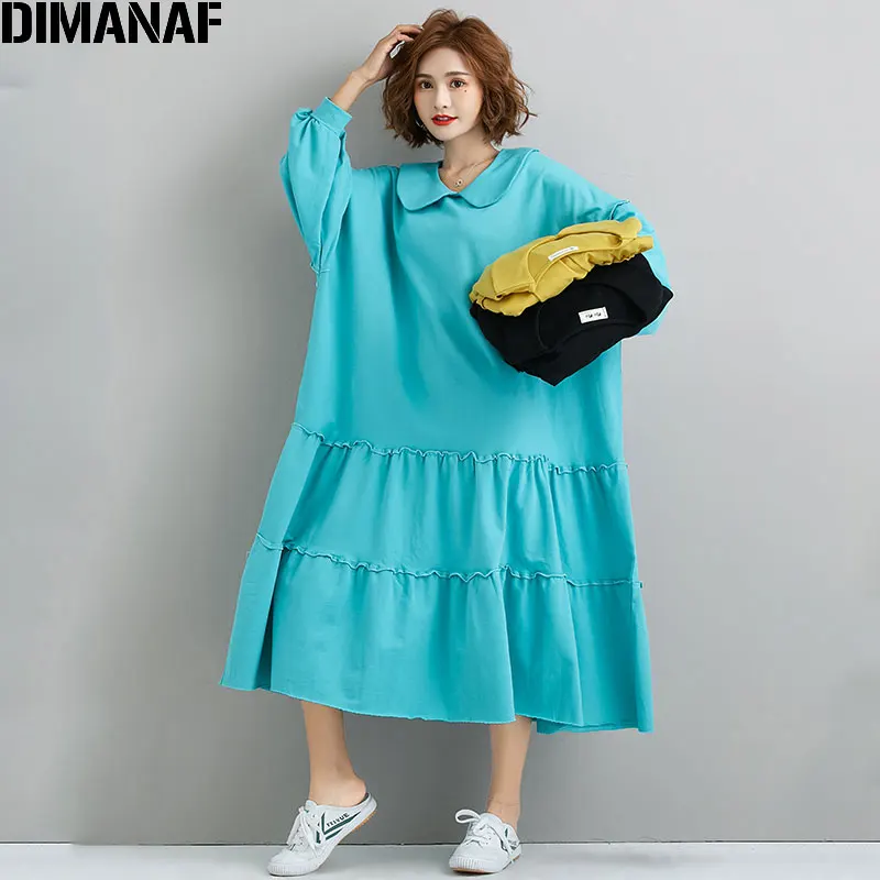 

DIMANAF Autumn Women Dress Plus Size Peter Pan Collar Fashion Style Spliced Loose Oversize Female Lady Long Sleeve Cotton Dress