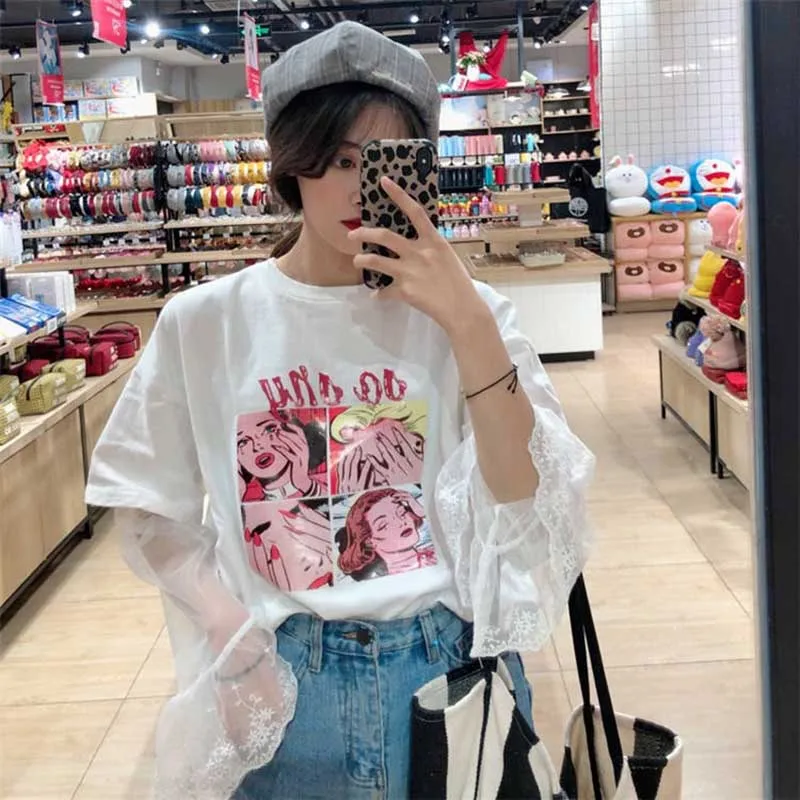 NiceMixKorea стильная футболка в стиле Харадзюку женская футболка с мультяшным принтом кружевная прошитая футболка с длинным рукавом свободная футболка
