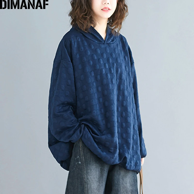 Tanie DIMANAF Plus Size kobiety bluzy z kapturem bluzy z kapturem jesień zima kobiet pulowerowe topy bawełniane grube luźne Polka Dot z kapturem podstawowe ubrania
