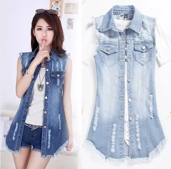 

Autumn New Women's Korean Version of The Sleeveless Large Size Denim Vest Female Slim Long Vest Jeans Coat