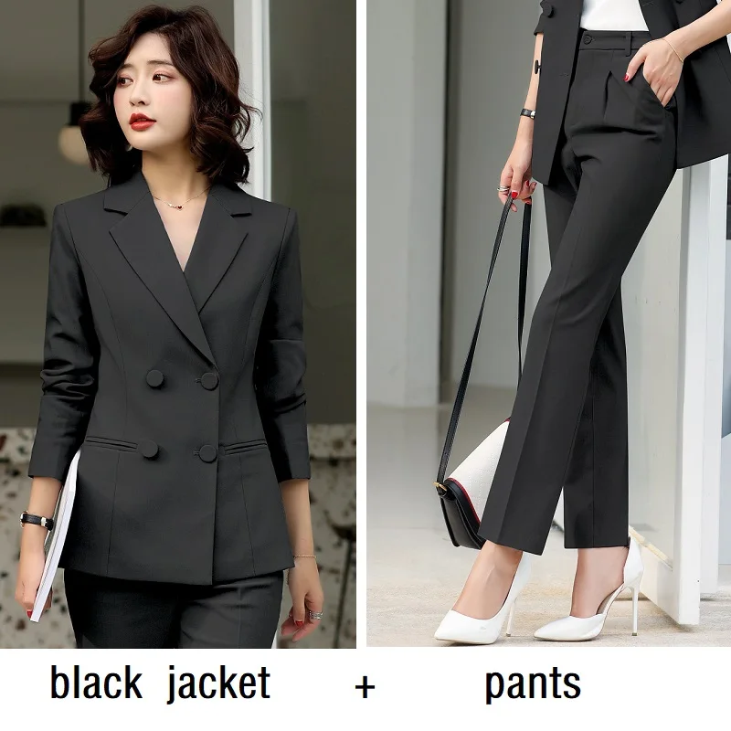 black jacket pants Женские костюмы, тонкие весенние блейзеры, куртки, брюки, 2 шт, набор, OL, формальные, деловые, женские брючные костюмы, женские комплекты, костюмы 19902 - Цвет: black jacket pants