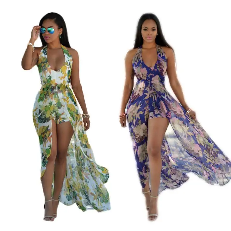 2021 summer women's dress new fashion sexy V-neck big backless self-cultivation holiday style floral beach long skirt 2021 new beach holiday sunscreen clothing sexy hollow lace crochet backless dress bikini blouse