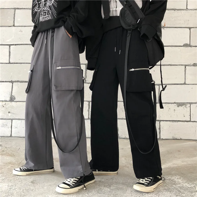 String High Waistband Zip Pocket Ribbon Loose Harem Cargo Jogger Hip Hop Streetwear Punk Track Pant Harajuku Women Man Korean