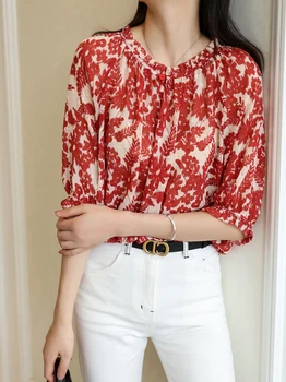 

Frilled Trim Collar Women's Blouse 2020 New Soft Slim Floral Print lady Half Sleeve Gold Line Flocking shirt and Top Clothes