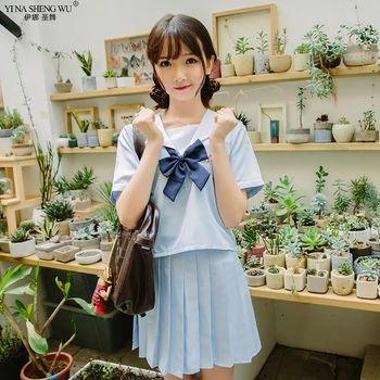 

Sky Blue Anime COS Students Clothing JK Uniforms Japanese Korean School Girls Performance Sailor Suit Top Pleated Skirt Tie Sets