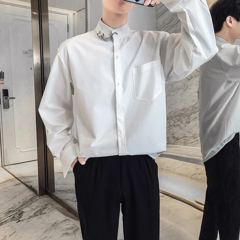 

Mens Solid Shirt Fashion Chain Stand Collar Long Sleeve Casual Chic Shirts Korean Pocket Design Streetwear Camisa