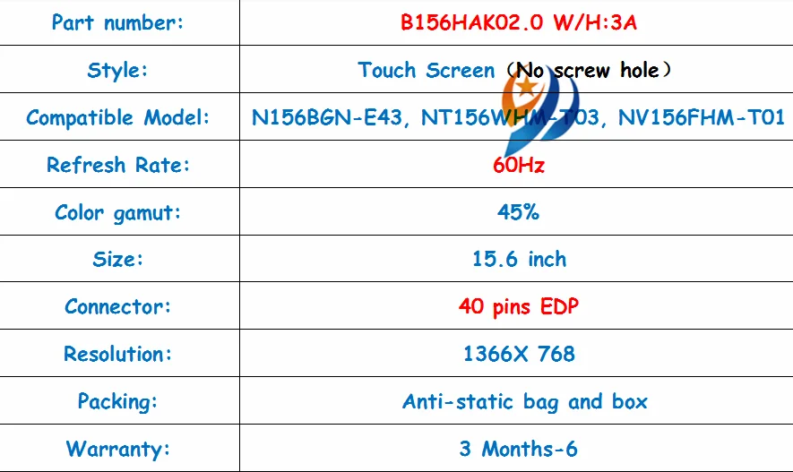 15,6 ''Replacemente светодиодный ЖК-дисплей Дисплей TouchScreenB156HAK02.0 H/W: 3A подходит NT156WHM-T03 NV156FHM-T01 N156BGN-E43