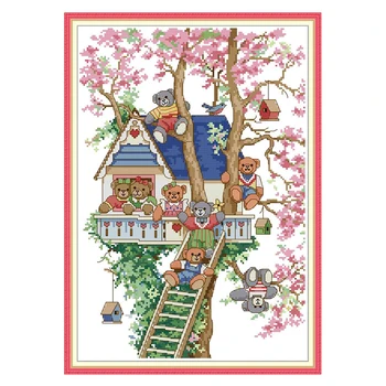 

Joy Sunday Bear's Tree House Stamped Cross Stitch Kits Embroidery Needlework 11CT 14CT Printed Counted Patterns Home Fabric Sets