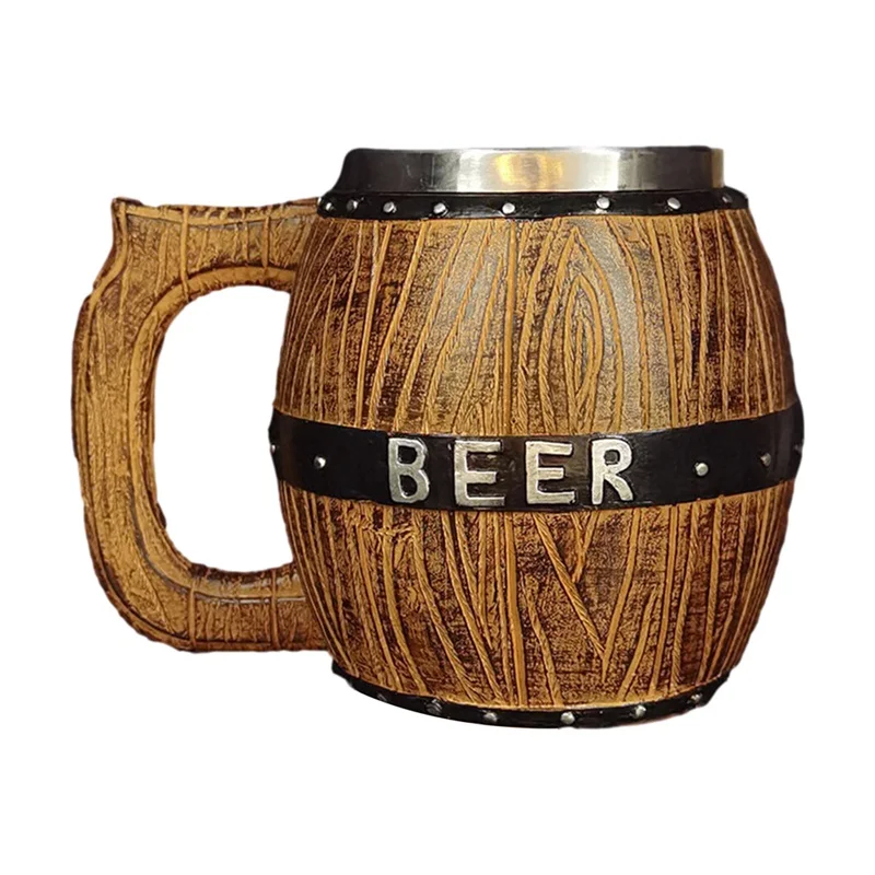 450/550ml Wooden Barrel Beer Mug Stainless Steel Beer Cup Goblet Coffee