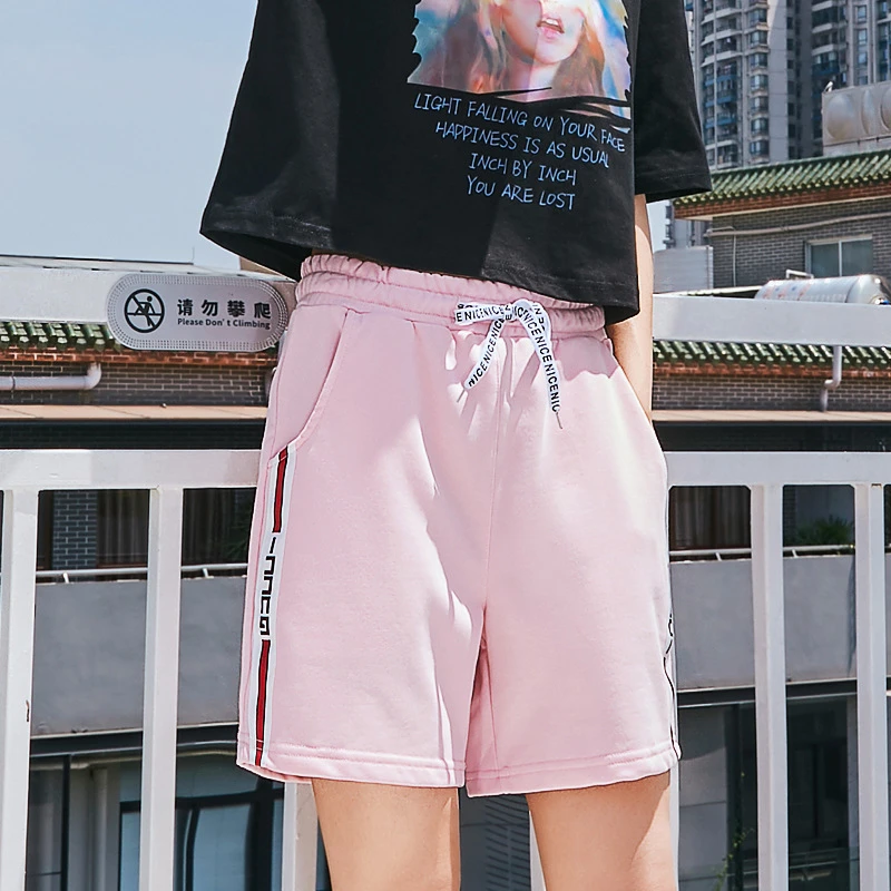 Pantalones cortos deportivos algodón para mujer, Shorts elásticos de cintura alta, con cordón de cintura lateral, a rayas rectas, holgados, con bolsillo para correr|Pantalones cortos| - AliExpress