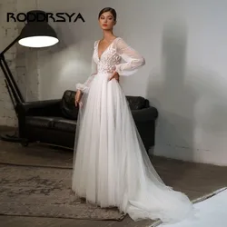 RODDRSYA 2022 Long Sleeves Boho Wedding Dress Gowns V Neck Long Puff Sleeve Lace Appliques Dot Tulle Bride Beach A line Vestido