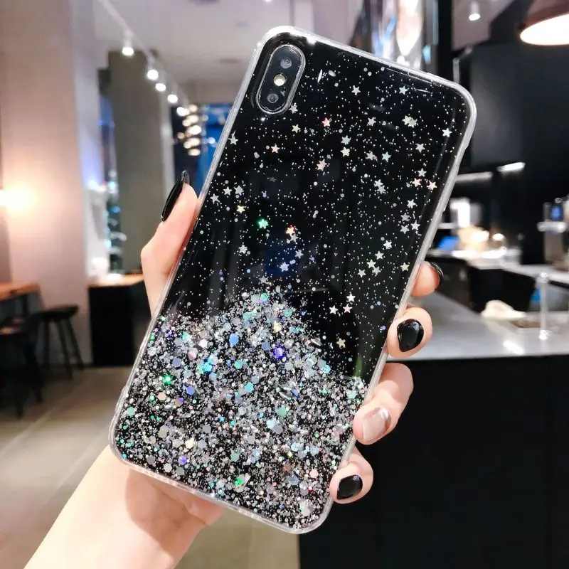 

Luxury Glitter Star Sequins Phone Cases for Xiaomi Redmi Note9S Note9Promax 8T CC9E 5X 6X K20 K30,Soft TPU Case with Silver Foil