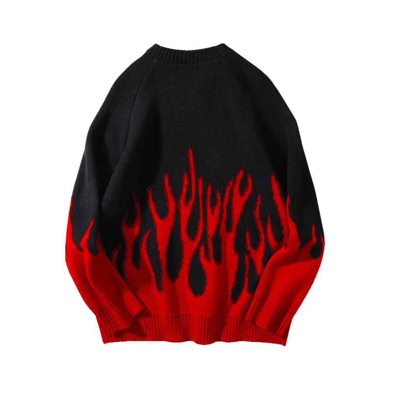 Sweater Men Streetwear Retro Flame Pattern Hip Hop Autumn New Pull Over Spandex O-neck Oversize Couple Casual Men's Sweaters | Мужская