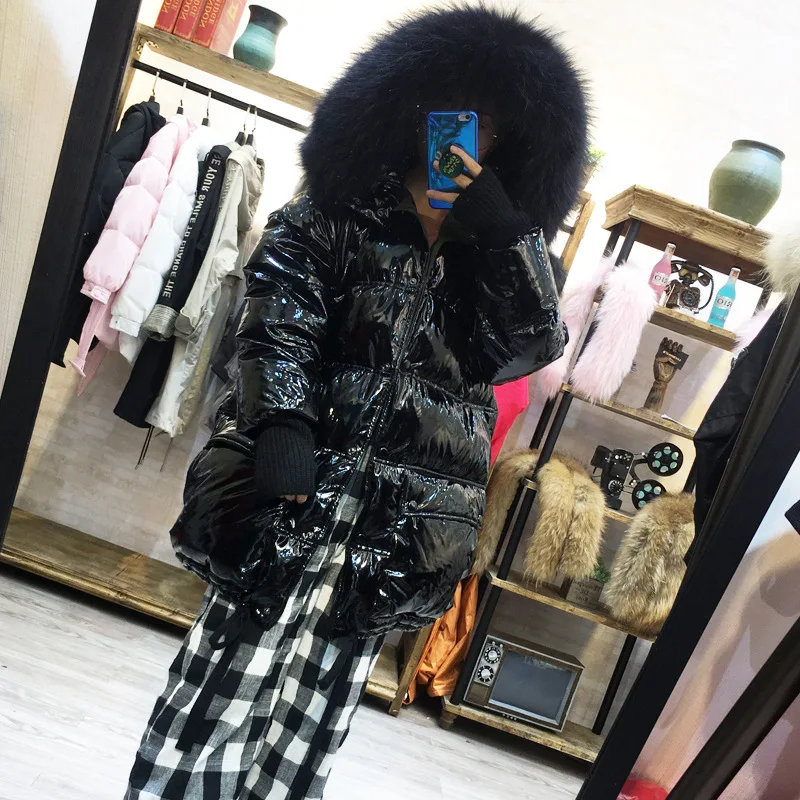 Стиль, Южная Корея, яркий большой меховой воротник, свободный крой, толстый пуховик большого размера, женское модное пальто средней длины