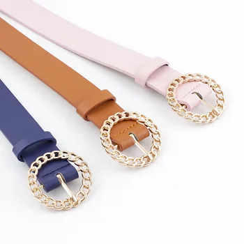 

2020 New Design Women's Hollow Out Round Buckle Belt Female Adjustable Pure Color Pu Leather Waistbelts Cloth Accessories