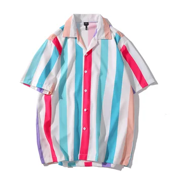 

#3809 Summer Colorful Vertical Striped Shirts For Men Beach Hawaiian Men's Shirt Casual Printed Shirts Loose Lapel Collar