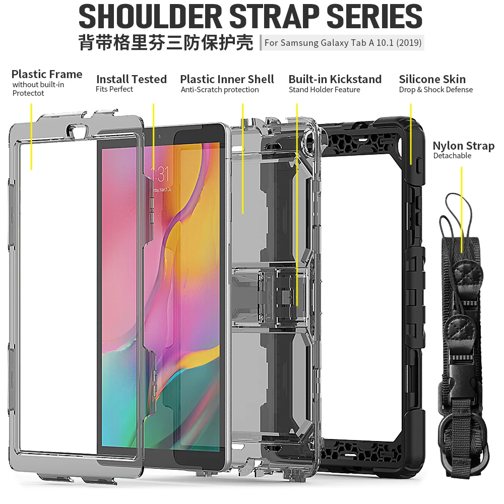 Чехол для планшета для Samsung Galaxy Tab A 10,1 SM-T510 SM-T515 T510 T515 противоударный Heavy Duty с подставкой Повесьте обложка+ ручка+ защитная пленка на экран
