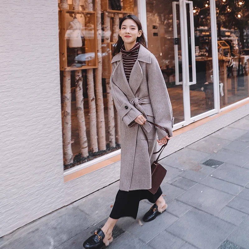 Photo Shoot Autumn& Winter New Style Duffle Coat Korean-style Loose-Fit Lace-up Mid-length Herringbone Woolen Jacket Women