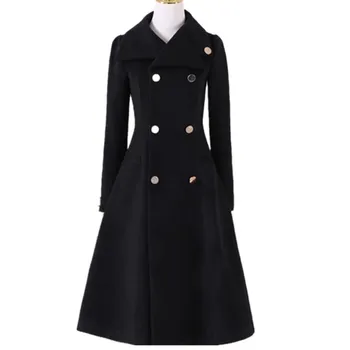 

autumn winter black woolen coat women double breasted slim lapel wool blends coat