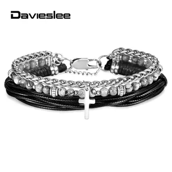 

Multi-layers Bracelet for Men Stainless Steel Rope Link Chain Cross Charm Man-made Leather Natural Stone Bead Bracelet LDLB177