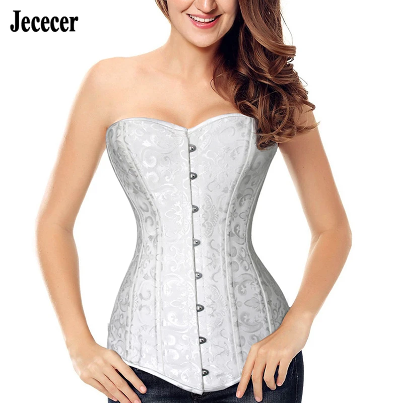Jececer Vintage Corset Top Женщины Плюс Размер Длинные корсеты и бюстье XS 6XL Черный