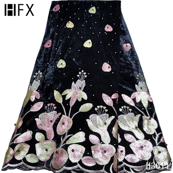 

HFX Lastest African lace fabric 2020 high quality Black Velvet lace fabric with Sequins Nigeria Velvet fabric with Stones F3611