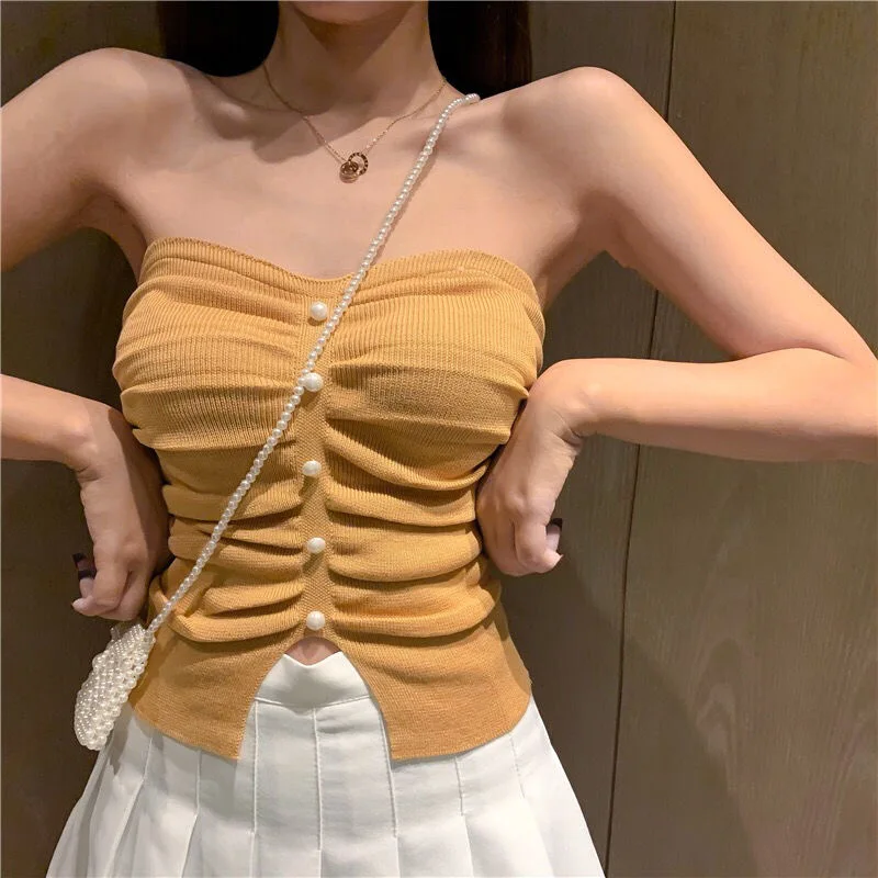 

Summer Sexy Women 2020 beach club off shoulder bare midriff stretchy pleated knited pearled bustier Beach Vest Camisole vestido