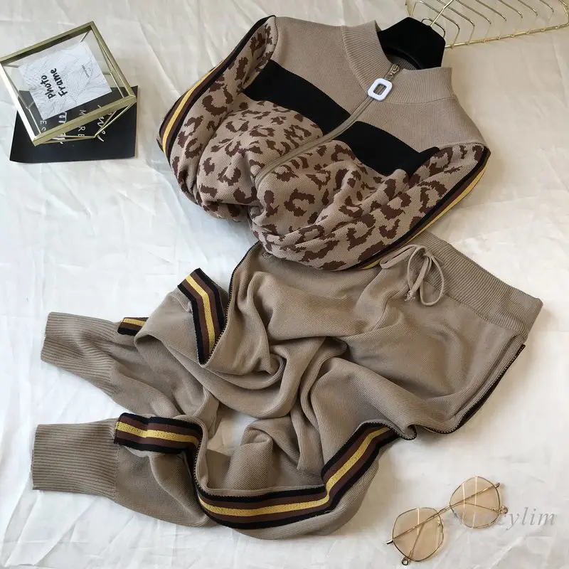 

2020 Autumn and Winter Two Piece Suit New Casual Fashion Knitwear Knitted Cardigan Coat + High with Pants Female Casual Sets