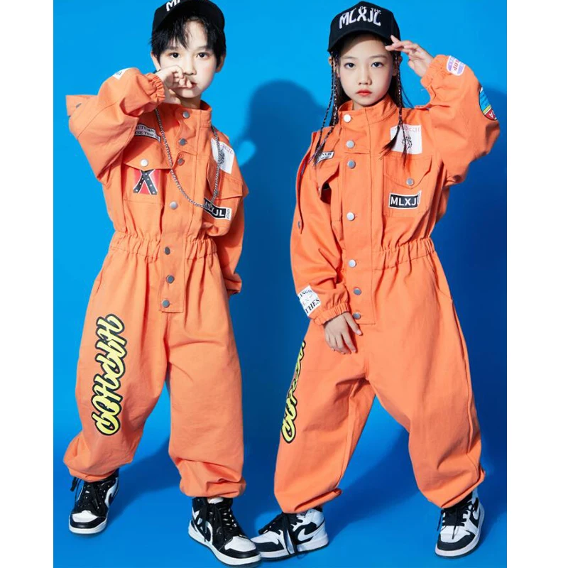 Kids Cool Short Sleeve Hip Hop Clothing orange Jumpsuit Overalls for Girls Boys Jazz Dance Costume Ballroom Dancing Clothes