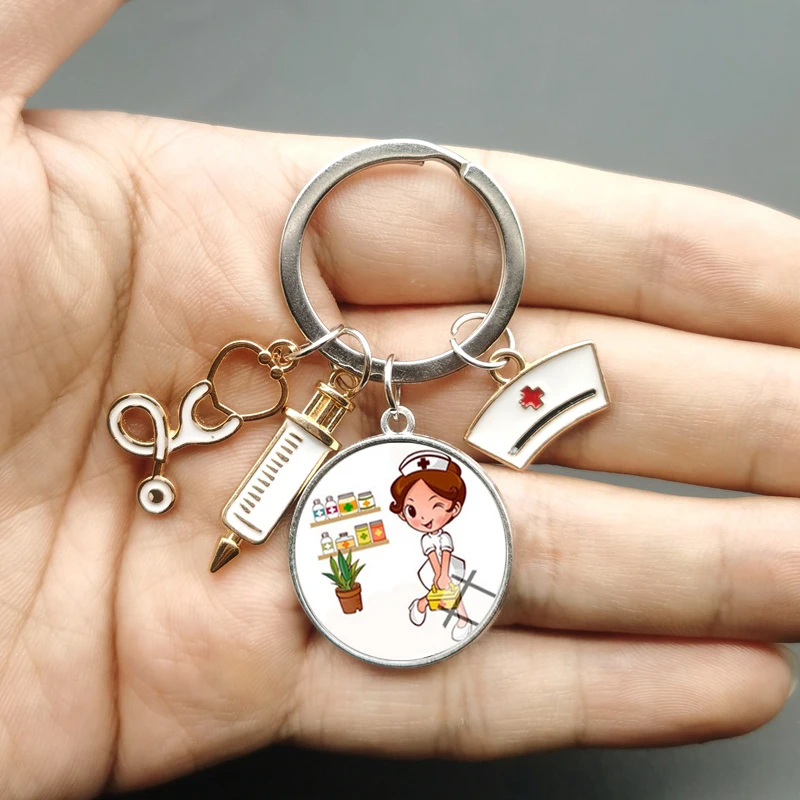 Paint Fashion Creative Nurse Medical Syringe Stethoscope Image Keychain Glass Suitable for Nurses and Doctors Key Ring Pendant Gift key chains,key rings