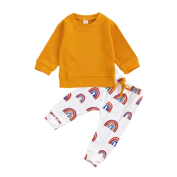 

FOCUSNORM Newborn Baby Boys Girls Clothes Sets Rainbow Print Long Sleeve Pullover Sweatshirt Tops Pants 2pcs