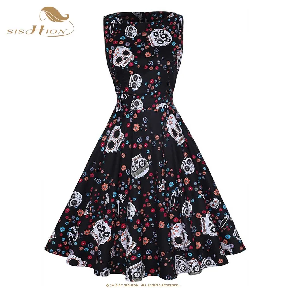 

SISHION Summer Sleeveless Vintage Dress Women Black O-Neck Skulls Flower print QY0368 Evening Party Plus size Halloween Dresses