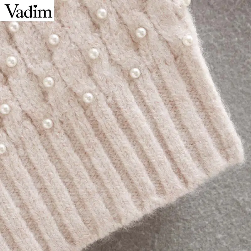 Vadim милый Женский однотонный вязаный свитер бисер Жемчужное Украшение Длинные