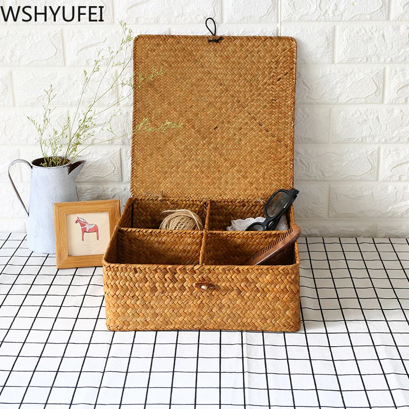 Pastoral Style Handmade Straw Storage box Cosmetic jewelry storage box Small ornament storage box Christmas gift Home Decorative