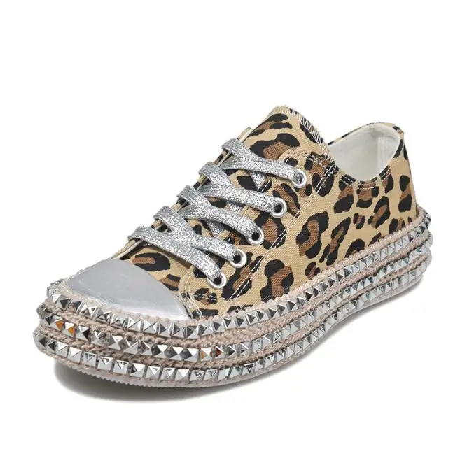 Женские кроссовки пикантные леопардовые модные заклепки женская парусиновая обувь для отдыха на шнуровке Низкие Высокие кроссовки basket femme SD52 - Цвет: 1