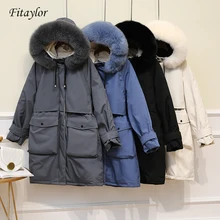 Fitaylor, очень большое длинное пальто с воротником из натурального Лисьего меха, зимняя женская куртка, 90% белый утиный пух, толстые парки, теплая зимняя верхняя одежда